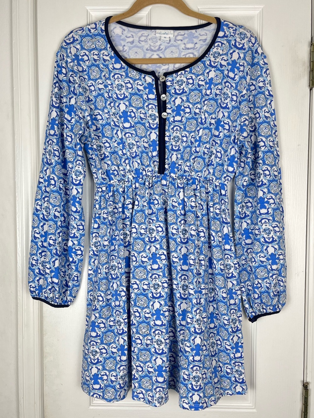 Cabana Life Blue/White Geo Print Long Sleeve Tunic Length Cover Up Dress Sz M